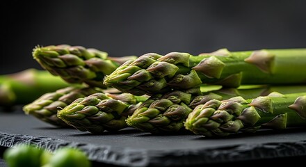 Close-up of fresh green asparagus stalks with textured buds on a dark surface
