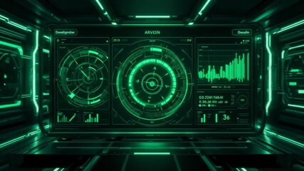 A futuristic green digital interface featuring circular radar elements and neon-glowing bar graphs in dark environments with data analysis and technology visualization. 4k video - Powered by Adobe