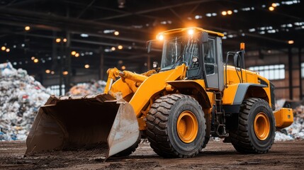 Yellow bulldozer in a mountain of garbage, industrial waste management and recycling challenges