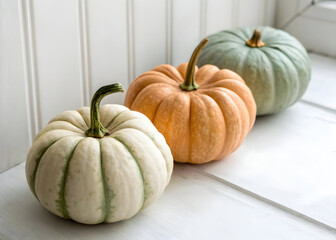 Three decorative gourds pumpkins display autumn harvest season fall arrangement colorful gourds
