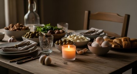 Fototapeta premium Rustic Dinner Table Set with Candles and Assorted Food Items in Cozy Home Environment