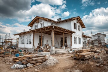 Building materials laying on the ground near modern eco-friendly house under construction