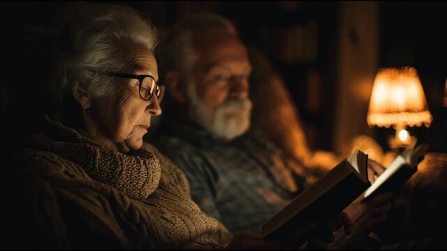 Whispered Pages of Time: In the embrace of a softly lit room, an elderly couple shares a cherished moment, engrossed in the shared intimacy of reading from the same book.