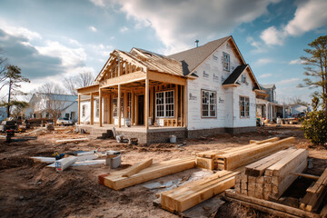 Building a new suburban house with wooden beams and timber planks lying on the ground