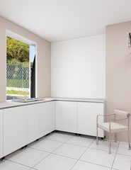 Minimalist interior with white cabinets, corner sink, and modern chair by the window, creating a bright, clean, and functional space suitable for office or clinic use