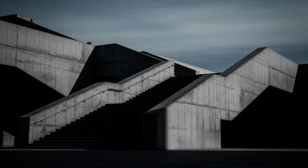 Fototapeta premium Modern Concrete Architectural Structure with Geometric Design and Dramatic Lighting