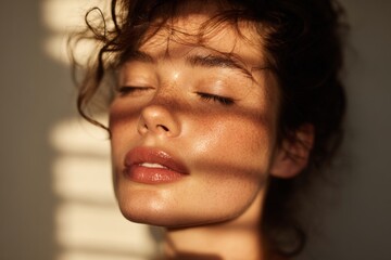 Close-up portrait of a young woman with freckles, closed eyes, and striped shadows cast by window blinds