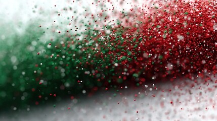 Scattered festive dynamic particles, red and green elements on white background, abstract celebration concept, dynamic and minimalist, commercial background for holiday or party theme, glitter effect,
