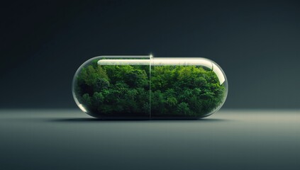 Clear pill capsule with lush green forest scene suitable for pharmaceutical industry branding and environmental conservation campaigns. Healing nature encapsulated.
