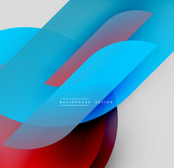 Abstract flowing shapes, vibrant blues, reds, blacks, whites. Dynamic composition creates modern visual experience.