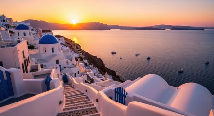 Obraz premium Sunset Over Whitewashed Buildings with Blue Domes in Coastal Village