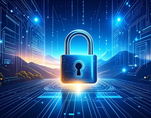 A glowing padlock hovers over a circuit board landscape with mountains and a digital sky, representing data security.