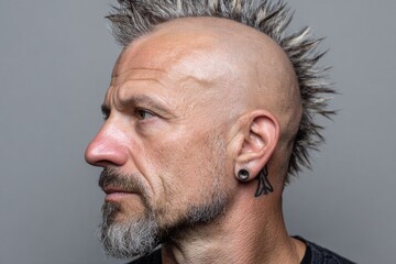 Fototapeta premium Close-up profile of a mature man with a mohawk and beard, showcasing an alternative and expressive personal style