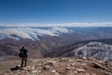 Obraz premium Silhouette of leader on mountain considers climate change and policy. Wildfire preparedness. Wildfire prevention strategy includes buying helicopters for state use. Forest recovery.