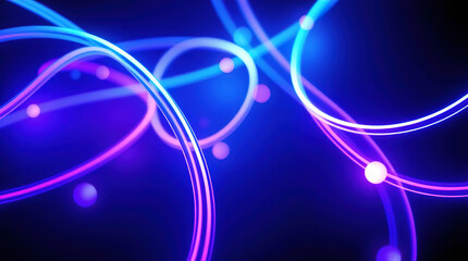 Abstract digital composition with smoothly curving neon lines in shades of blue, purple and pink, intersecting and intertwining on a dark blue and black background.