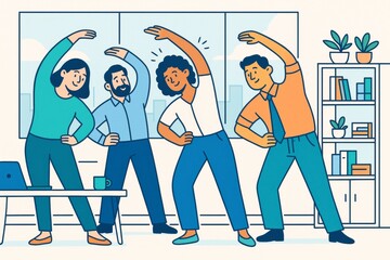 Cartoon-style illustration of diverse office workers doing group stretching exercises in a modern office with a bright interior background. Ai generative