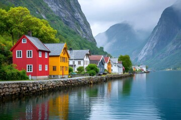 Fototapeta premium Colorful wooden houses reflecting in the norwegian fjord waters