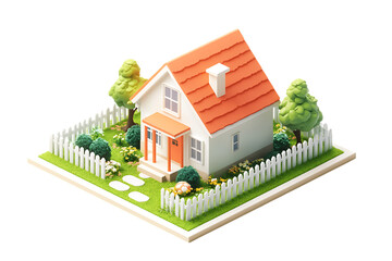 Cozy isometric house with orange roof and garden isolated on a transparent background