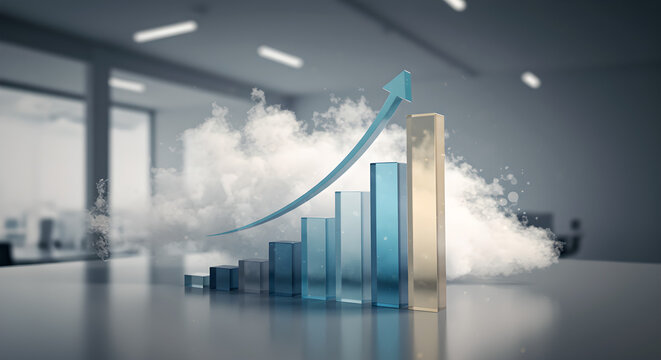 Cloud-powered Business Growth: Bar Graph with Upward Arrow in Modern Office Setting