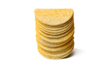 Photo of potato chips taken with a high-resolution camera using the focus-stacking technique on a white background.