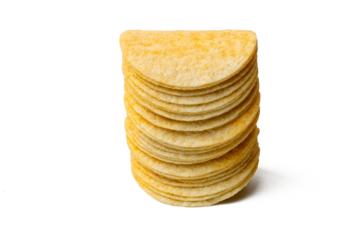 Photo of potato chips taken with a high-resolution camera using the focus-stacking technique on a white background.