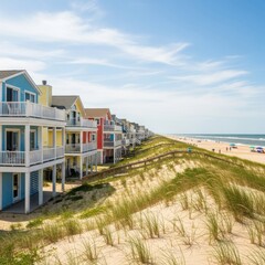 Fototapeta premium Coastal Harmony: Colorful Beach Houses Nestled Along the Sandy Shores of the Ocean