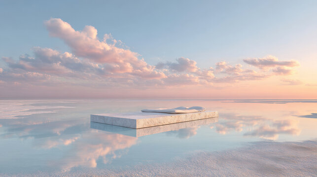 large floor mirror lying on ground reflecting stunning evening sky filled with fluffy clouds