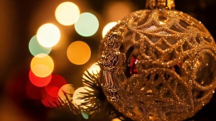Ornate gold Christmas bauble with figure and filigree against blurry lights background - Powered by Adobe