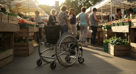 An empty wheelchair sits in the middle of a bustling outdoor farmers' market as people shop for fresh produce in the background.