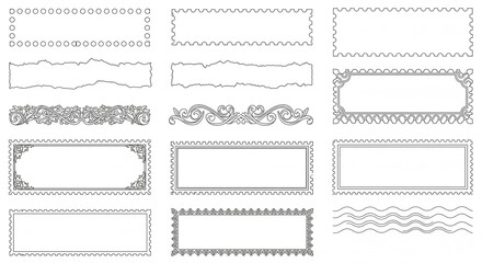 Set of black and white decorative frames and borders with various shapes on an isolated transparent background.
