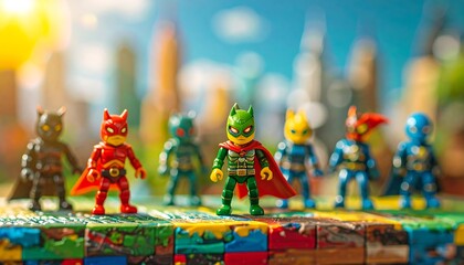 Colorful miniature superheroes in a city