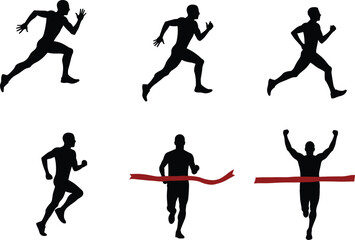 Silhouettes of male runner athletes in different running poses, finishing race with red ribbon, fitness, competition, speed, and victory concept.