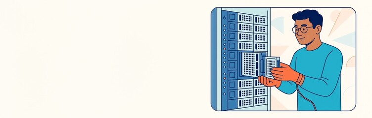 Technician installing server hardware in data center with clean background and copyspace for technology or IT service concept advertising template. Ai generative