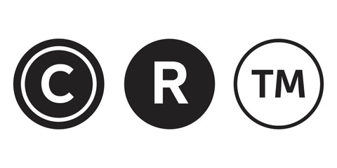 Copyright trademark and registered symbols in circles on white background icon