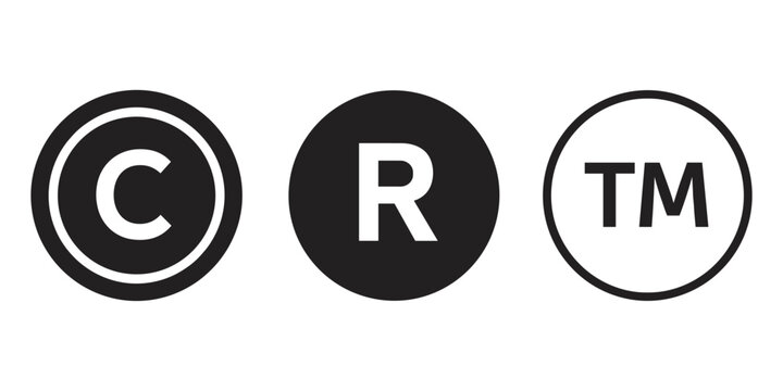 Copyright trademark and registered symbols in circles on white background icon