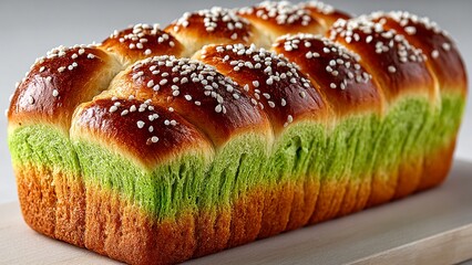 Unique Pandan and Sesame Swirl Loaf on a White Background, highlighting its unique colors and texture. This image is perfect for bakeries, food blogs, or stock photos related to unique baked goods.