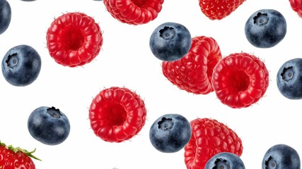 Berries scatter across a white backdrop red raspberries blue blueberries and red strawberries - Powered by Adobe