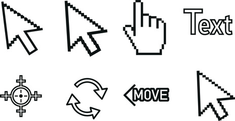 Eight pixelated computer cursor icons and symbols on white background mouse pointer arrow