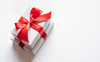 Two white gift box with red ribbon bow for decoration advertising template design.anniversary celebration and special day with present