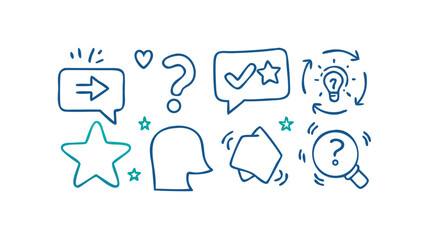 Blue doodle icons with stars and question marks vector