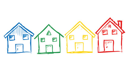 Blue green yellow red houses sketched on white drawn