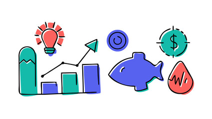 Business and finance doodles with lightbulb and fish vector