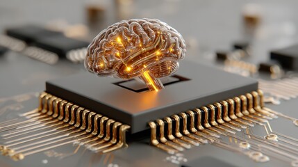 A detailed 3D rendering of a human brain seamlessly integrated with a glowing electronic circuit board symbolizing the fusion of biology and technology artificial intelligence and neural networks