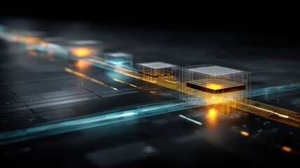 A detailed close up view of a modern desktop computer tower case with a vibrant yellow indicator light glowing softly in a dimly lit room suggesting processing activity or a standby state