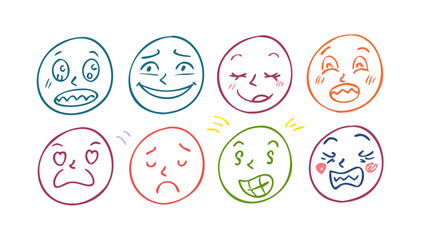Colorful doodle faces expressing emotions expressions cartoon