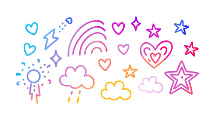 Colorful doodle icons hearts stars rainbow clouds lightning vector