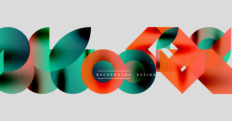 Abstract colorful shapes overlap, creating dynamic visual effect. Modern design elements suggest innovation, energy.