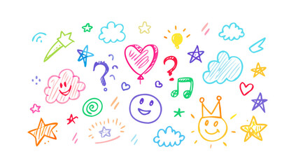 Colorful hand drawn doodles stars hearts clouds sun music notes vector