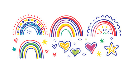 Obraz premium Colorful hand drawn rainbows hearts and stars vector