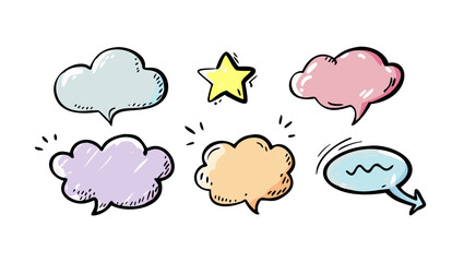 Colorful hand drawn speech bubbles and star dialogue boxes communication